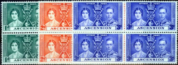 Collectible Postage Stamp from Ascension 1937 Coronation set of 3 SG35-37 V.F MNH & LMM Blocks of 4