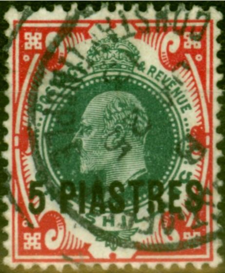 Valuable Postage Stamp from British Levant 1909 5pi on 1s Dull Green & Carmine SG21 Fine Used (2)