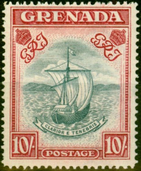 Rare Postage Stamp from Grenada 1943 10s Steel Blue & Carmine SG163E P.14 Narrow Fine Mtd Mint
