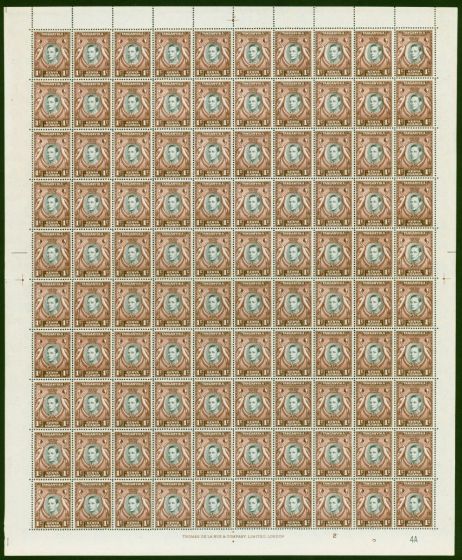 KUT 1942 1c Complete Sheet of 100 Pl. 2 4a 'Retouched & Break in Breast' SG131ad & SG131ae V.F MNH. King George VI (1936-1952) Mint Stamps