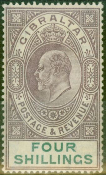 Rare Postage Stamp from Gibraltar 1903 4s Dull Purple & Green SG53 Fine Mtd Mint (3)
