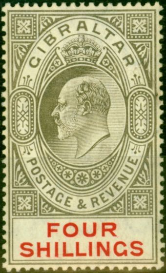 Rare Postage Stamp from Gibraltar 1910 4s Black & Carmine SG73 Fine & Fresh Lightly Mtd Mint