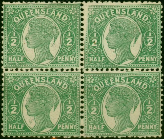 Old Postage Stamp Queensland 1895 1/2d Green SG223 Fine LMM & MNH Block of 4