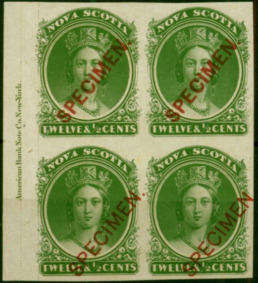 Nova Scotia 1860 12 1/2c Green Plate Proof Se-Tenant Imprint Block of 4 Unitrade #13TCVi & Vii Scarce . Queen Victoria (1840-1901) Mint Stamps