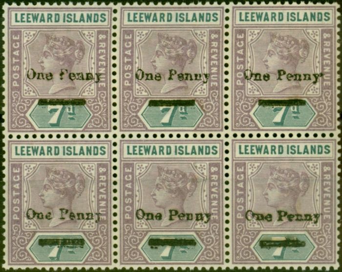 Rare Postage Stamp Leeward Islands 1902 1d on 7d Dull Mauve & Slate SG19 V.F MNH Block of 6