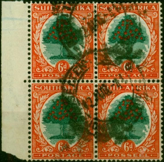 South Africa 1937 6d Green & Vermilion SG61 Die I Fine Used Block of 4 (2). King George VI (1936-1952) Used Stamps