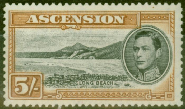 Old Postage Stamp from Ascension 1944 5s Black & Yellow-Brown SG46a P.13 V.F Lightly Mtd Mint
