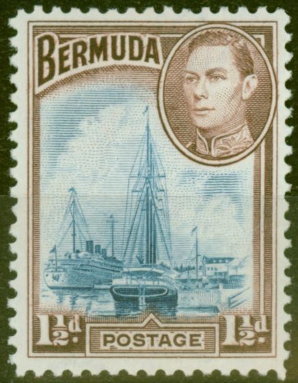 Old Postage Stamp from Bermuda 1938 1 1/2d Dp Blue & Purple-Brown SG111 Fine Very Lightly Mtd Mint