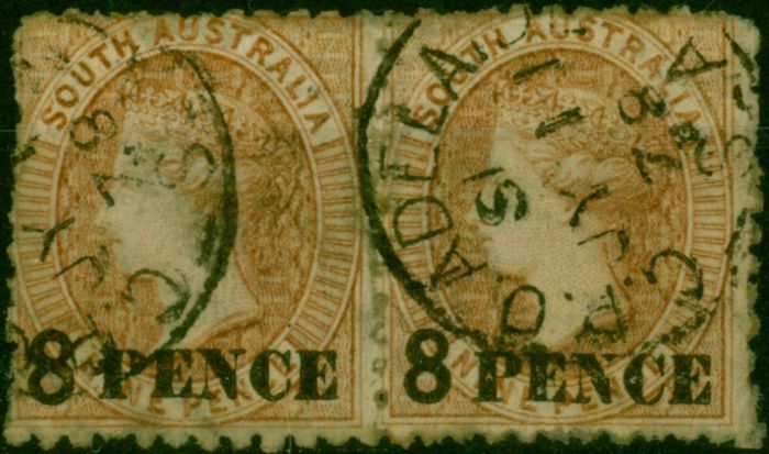 South Australia 1876 8d on 9d Brown-Orange SG118 Good Used Pair . Queen Victoria (1840-1901) Used Stamps