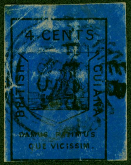 Valuable Postage Stamp from British Guiana 1852 4c Black-Dp Blue SG10a Used example of this Rare Classic CV £12,000