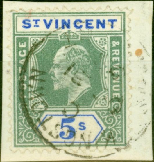 Collectible Postage Stamp from St Vincent 1902 5s Green & Blue SG84 Very Fine Used on Piece