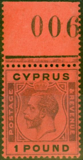 Collectible Postage Stamp from Cyprus 1924 £1 Purple & Black-Red SG102 V.F MNH Top Marginal Control 006