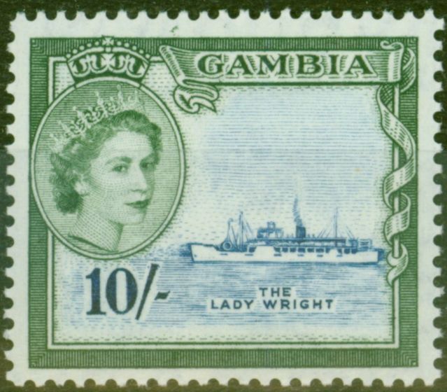 Rare Postage Stamp from Gambia 1953 10s Dp Blue & Myrtle-Green SG184 V.F MNH