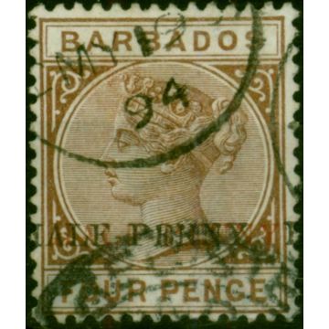 Barbados 1892 1/2d on 4d Dp Brown SG104b Surch Double Red & Black Fine Used Royal Cert Scarce