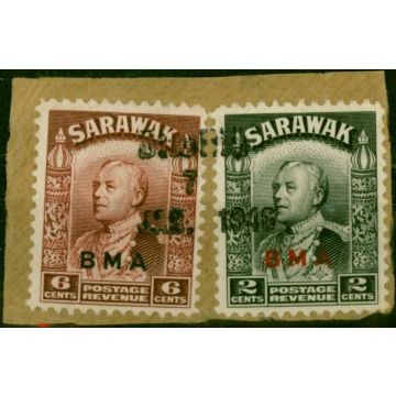 Brunei 1945 6c + 2c BMA of Sarawak SG127-131 with Local Opt on Piece 