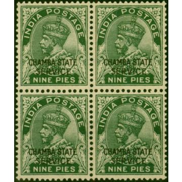 Chamba 1932 9p Deep Green Litho SG050 Fine MNH Block of 4