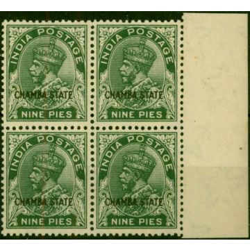 Chamba 1932 9p Deep Green Litho SG64 Fine MNH Block of 4