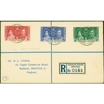 Falkland Islands 1937 Coronation Set of 3 SG143-145 on Reg 1st Day Cover to Bristol