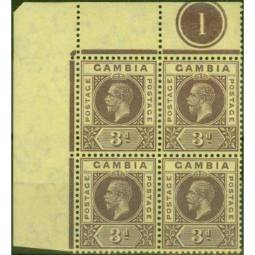 Gambia 1912 3d Purple-Yellow SG91var Broken Inner Frame Line above G in Gambia in a  V.F MNH Pl 1 Block of 4 