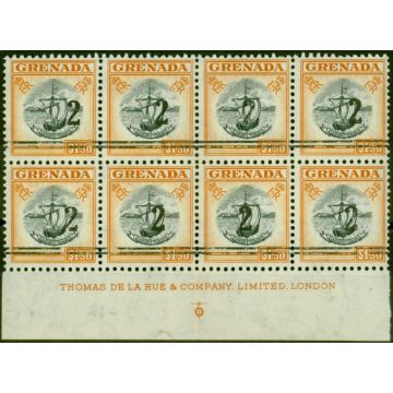 Grenada 1965 2 on $1.50 Black & Brown-Orange Fiscal Fine MNH Imprint Block of 8