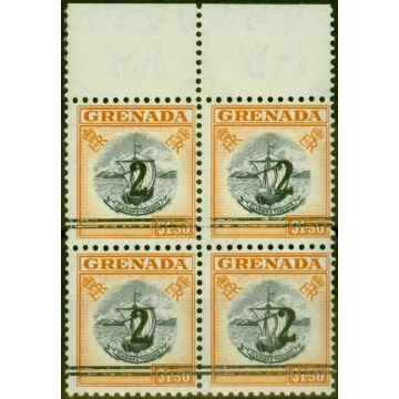 Grenada 1965 2 on $1.50 Black & Brown-Orange Revenue Fine MNH Block of 4