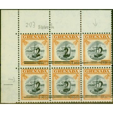 Grenada 1965 2 on $1.50 Black & Brown-Orange Revenue Fine MNH Block of 6