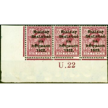 Ireland 1922 6d Dp Reddish Purple SG39a Fine Mtd Mint Control U22 Pl 6 Strip of 3