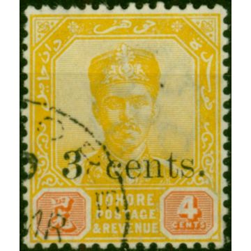 Johore 1903 3c on 4c Yellow & Red SG54a 'Value Uncancelled' Fine Used 