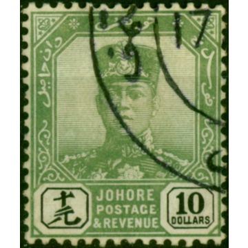 Johore 1918 $10 Green & Black SG102 V.F.U Fiscal Cancel 