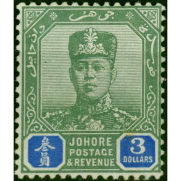 Johore 1918 $3 Green & Blue SG99 Fine & Fresh LMM 