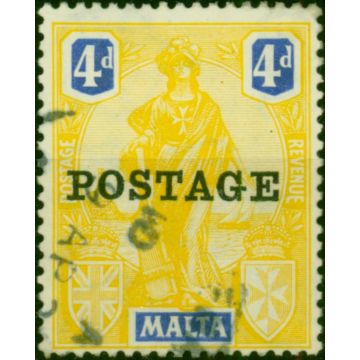 Malta 1926 4d Yellow & Bright Blue SG150 Fine Used 