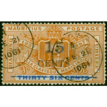 Mauritius 1899 15c on 36c Orange & Ultram SG135 Fine Used 'Date Slug Inverted