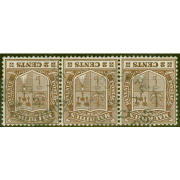 Mauritius 1910 2c Brown SG182w Wmk Inverted Fine Used Strip of 3 Scarce Multiple 
