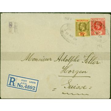 Mauritius 1928 Registered Cover to Switzerland 25c & 10c Fine & Attractive