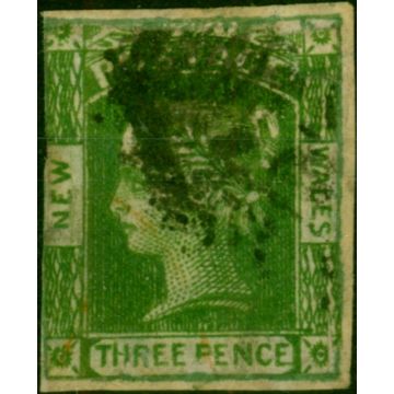 N.S.W 1854 3d Yellow-Green SG87a 'Stroke to Top of L in Wales' Ave Used Thinned 