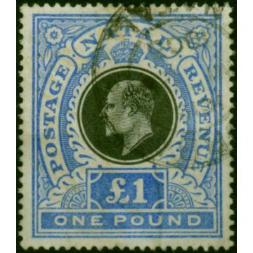 Natal 1902 £1 Black & Bright Blue SG142 Good Used Cleaned Fiscal Forged Cancel 