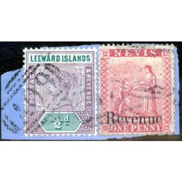 Nevis 1882 1d Brt Red SGF1 Fine Used on small piece with 1/2d of Leeward Is A09 Duplex