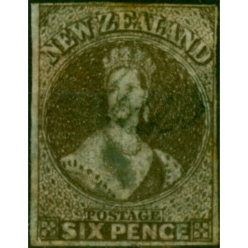 New Zealand 1862 6d Black-Brown SG85 Pelure Paper Good Used Thinned 