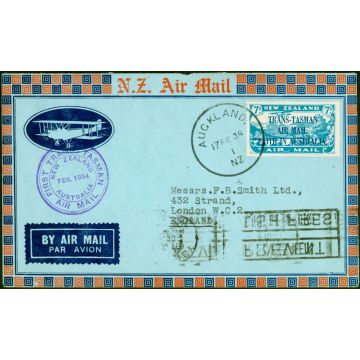 New Zealand 1934 7d SG554 1st Trans Tasman Air Mail Cover to England