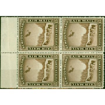 Newfoundland 1931 15c Chocolate SG195a 'Pair with and without Wmk' 2 Pairs in a V.F MNH Block of 4 