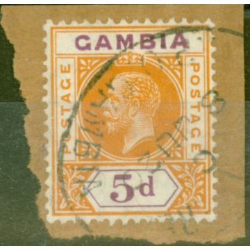 Gambia 1912 5d Orange & Purple SG93var Broken Frame left centre V.F.U on Piece 