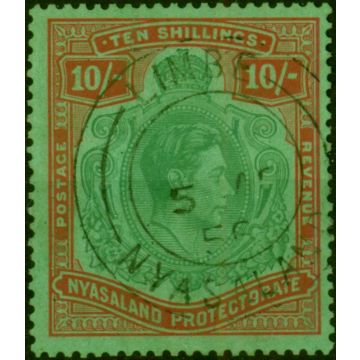 Nyasaland 1938 10s Bluish Green & Brown-Red-Pale Green SG142a Ordin Paper V.F.U (2)