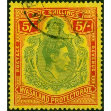 Nyasaland 1944 5s Green & Red-Pale Yellow SG141a Ordin Paper V.F.U 