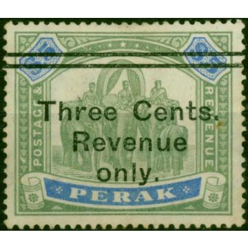 Perak 1900 3c on $5 Green & Blue Revenue Fine Unused 