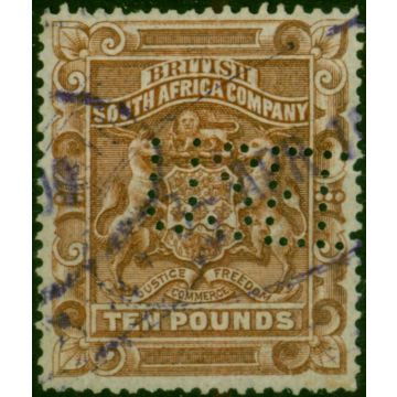Rhodesia 1892 £10 Brown SG13 Fine Used Fiscal Perfin Cancel 