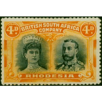 Rhodesia 1910 4d Greenish Black & Orange SG138Var 'Long Gash Kings Nose Flaw' Fine MM 