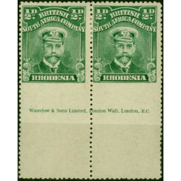 Rhodesia 1913 1/2d Dull Dp Grn SG187Var Imperf Between Stamp & Margin Fine MM Imprint Pair 