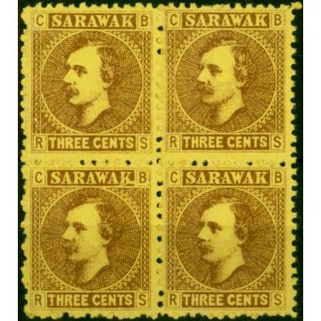 Sarawak 1871 3c Brown-Yellow SG2 Fine Unused Block of 4