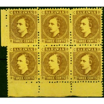 Sarawak 1871 3c Brown-Yellow SG2 Fine Unused Block of 6 