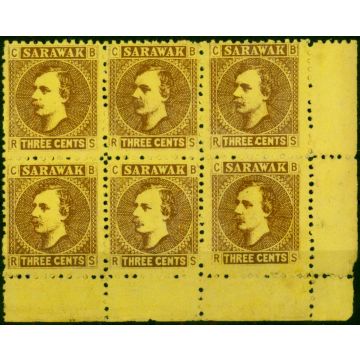 Sarawak 1871 3c Brown-Yellow SG2 Fine Unused Block of 6 (2) 